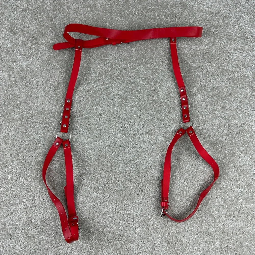 Red Faux Leather Leg Garter Body Harness Belt Punk Goth Festival Rave Edgy Alt
